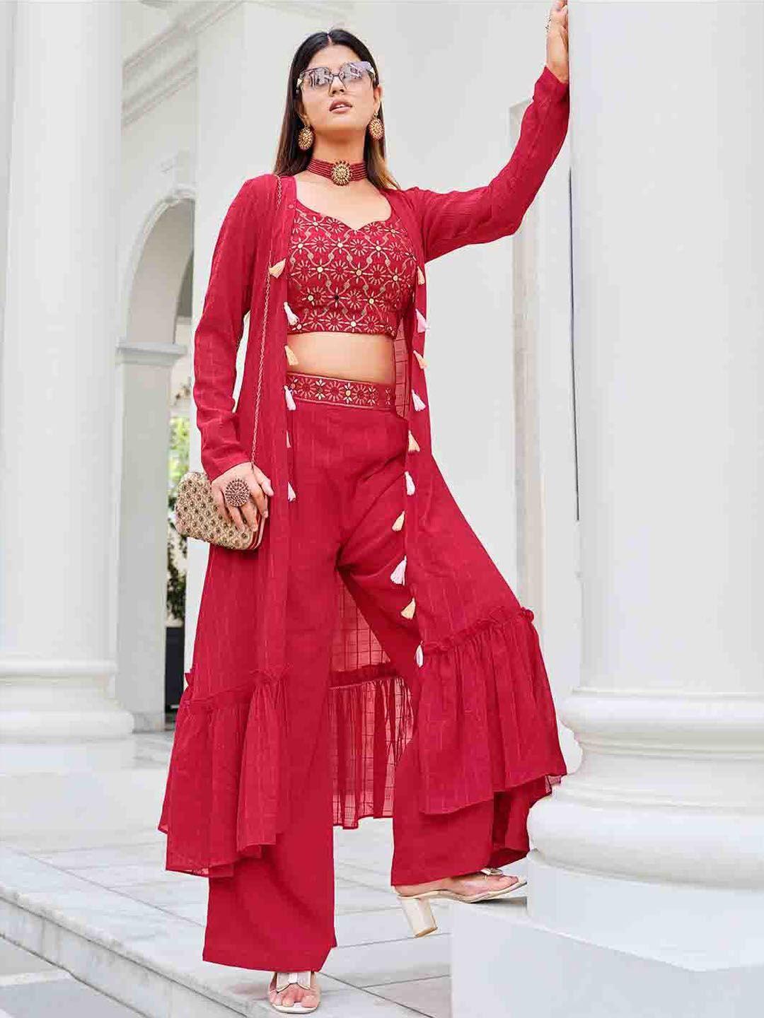 mitera red embroidered top with palazzo & with shrug
