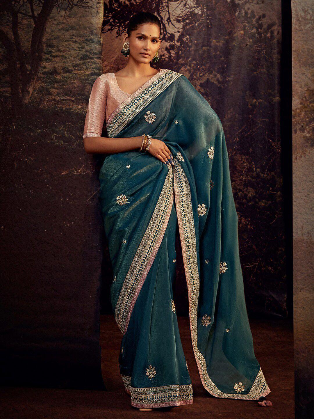 mitera teal & gold-toned ethnic motifs embroidered tissue saree