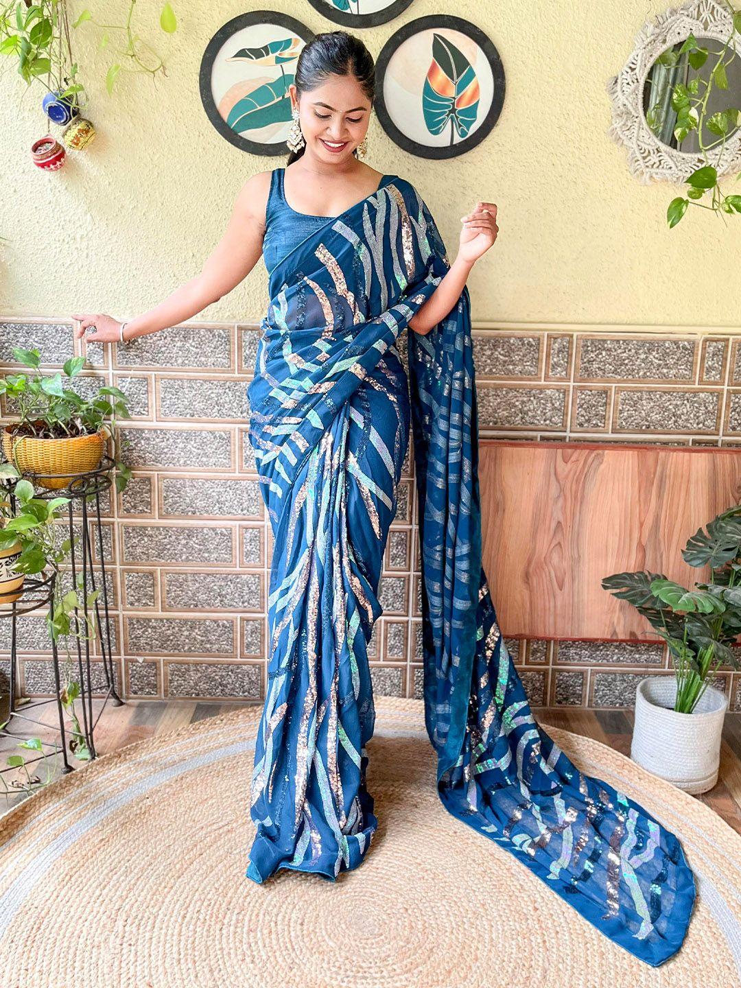 mitera teal leheriya sequinned embellished saree