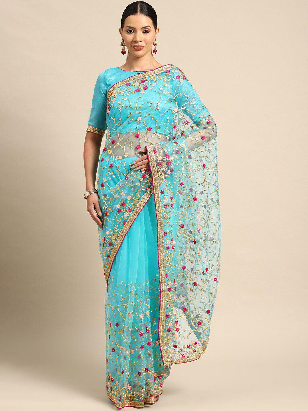 mitera turquoise blue & gold-toned floral embroidered net saree