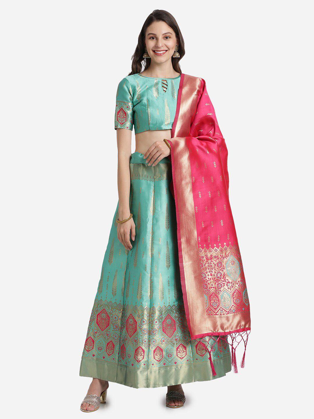 mitera turquoise blue & pink woven design semi-stitched lehenga & blouse & dupatta