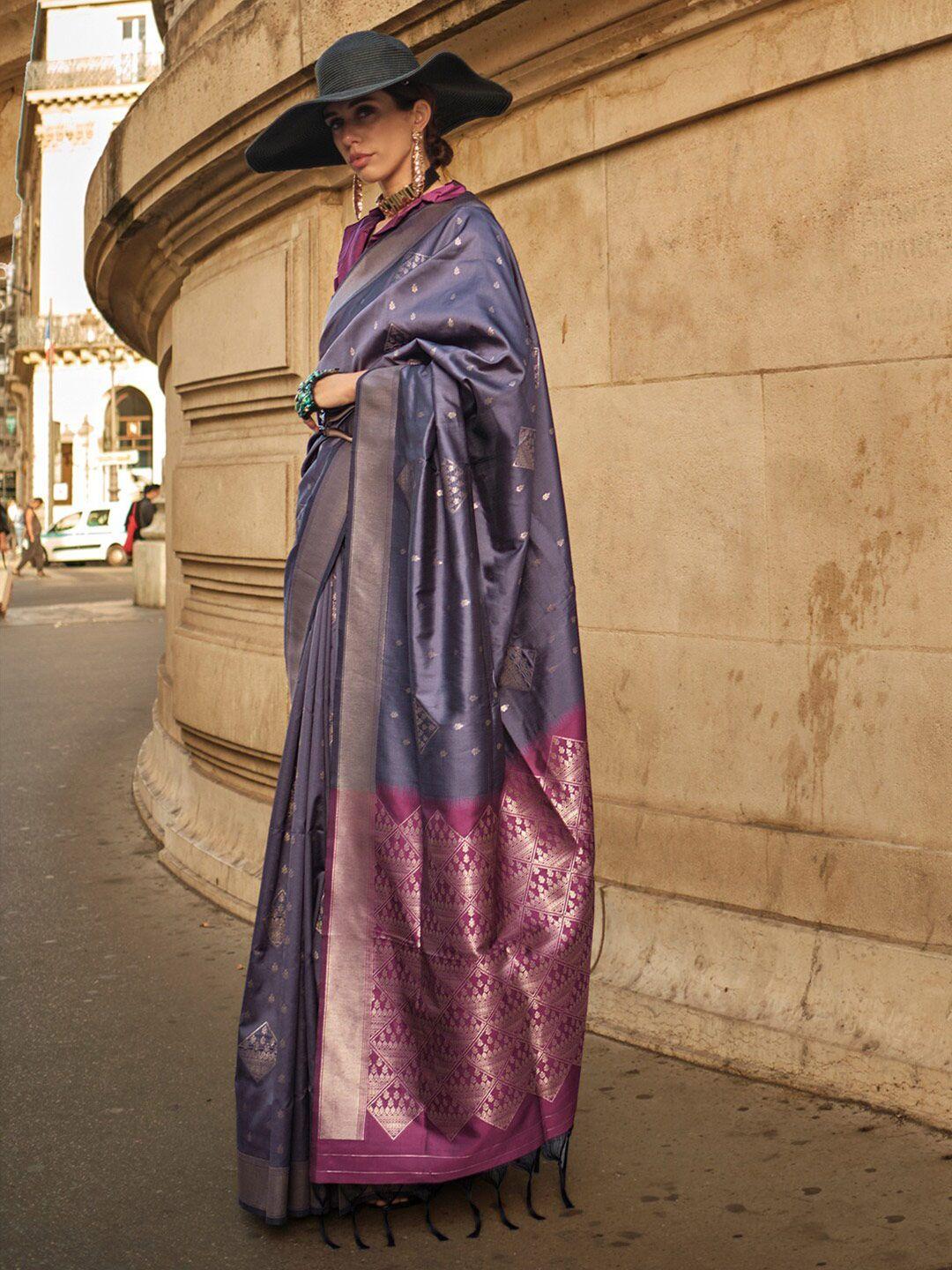 mitera violet & purple ethnic motifs woven design zari pure silk banarasi saree