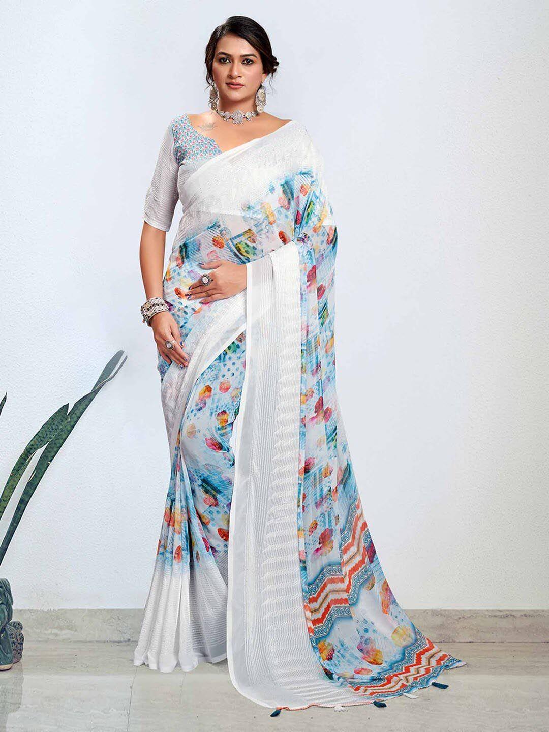 mitera white & blue embroidered pure georgette designer bagh saree