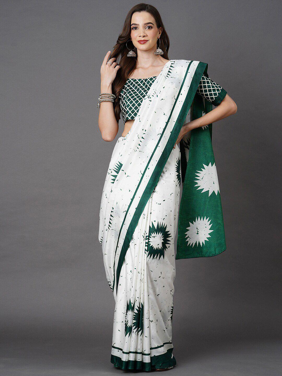 mitera white & green silk blend printed saree