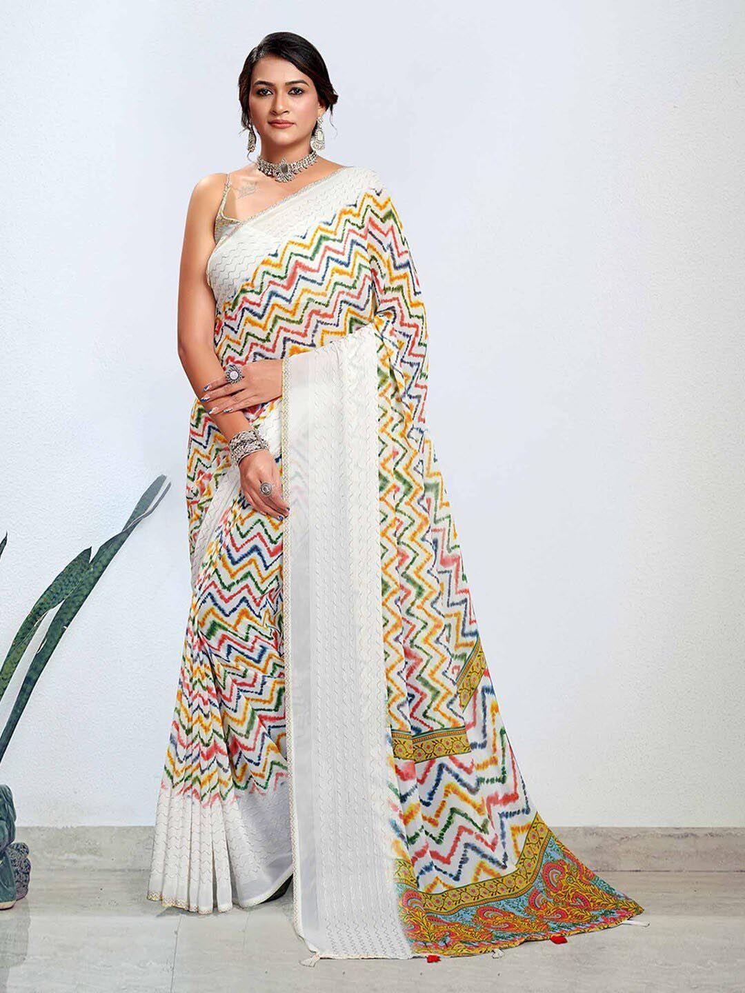 mitera white embroidered pure georgette designer bagh saree