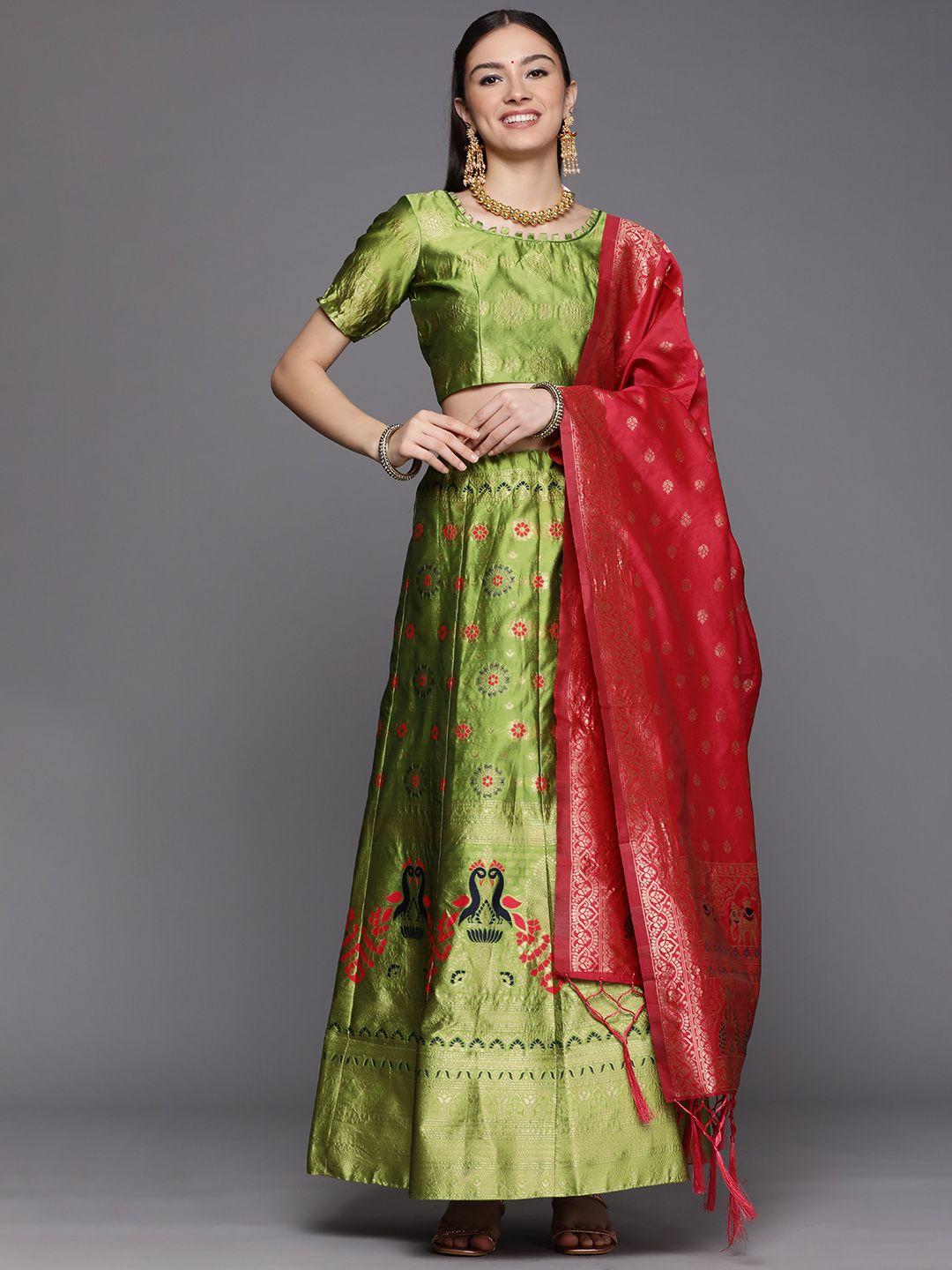 mitera women green & gold-toned batik semi-stitched lehenga unstitched blouse & dupatta