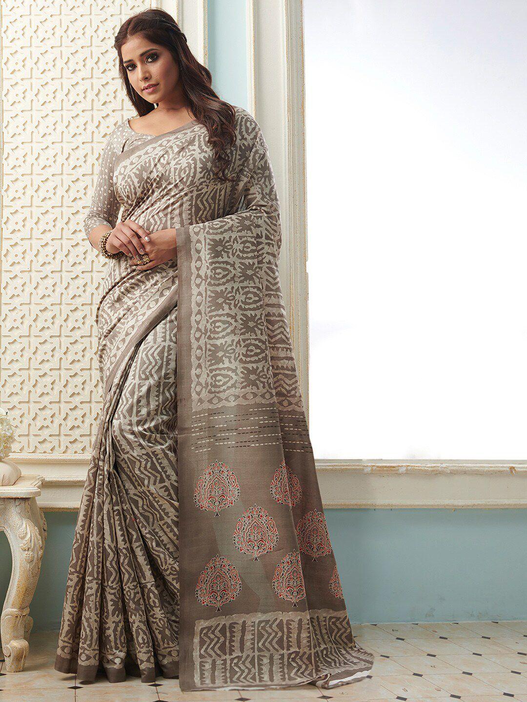mitera women grey & brown ethnic motifs art silk bhagalpuri saree with matching blouse