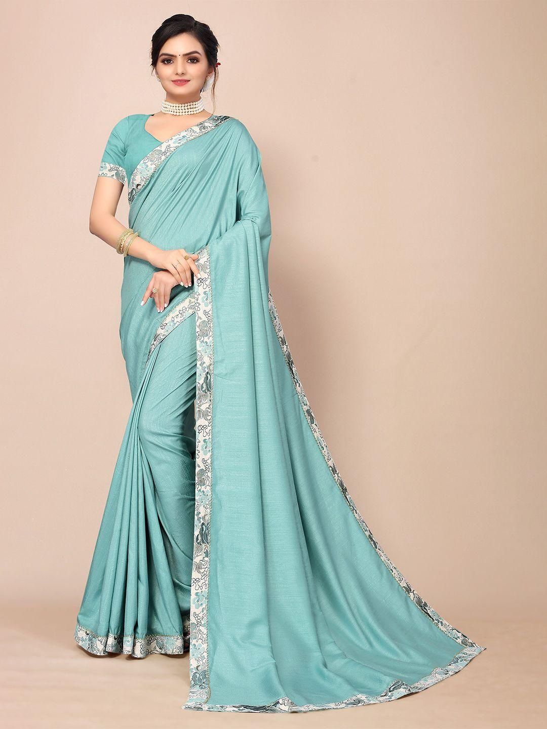 mitera women teal & white solid embellished zari saree