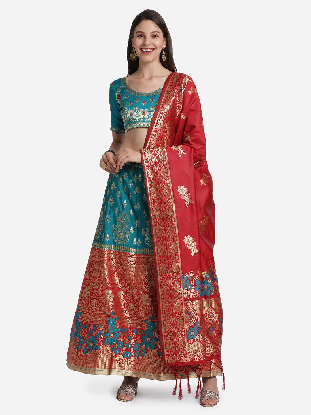 mitera women turquoise blue & red semi-stitched lehenga & unstitched blouse with dupatta