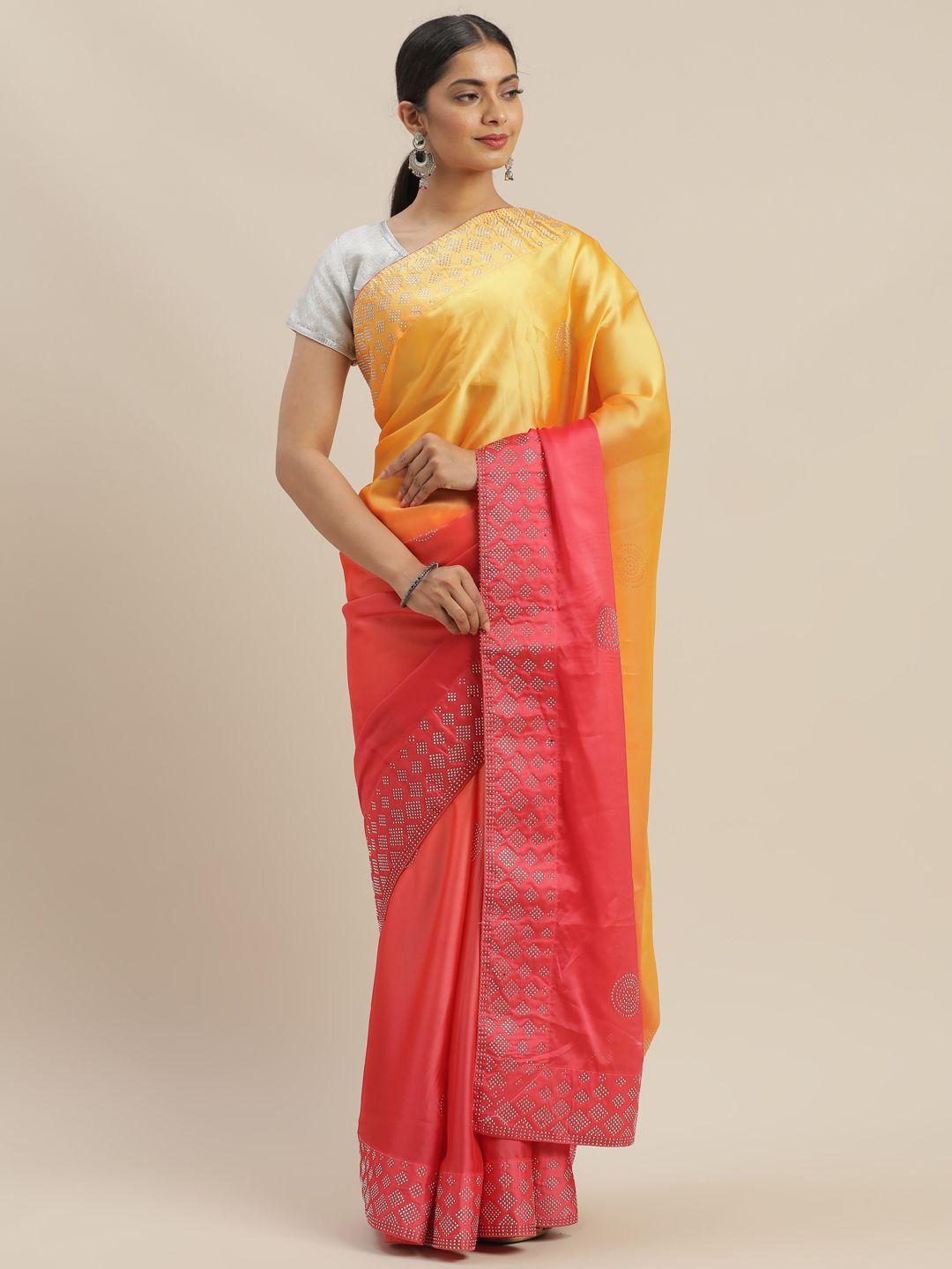 mitera yellow & pink poly georgette embellished saree