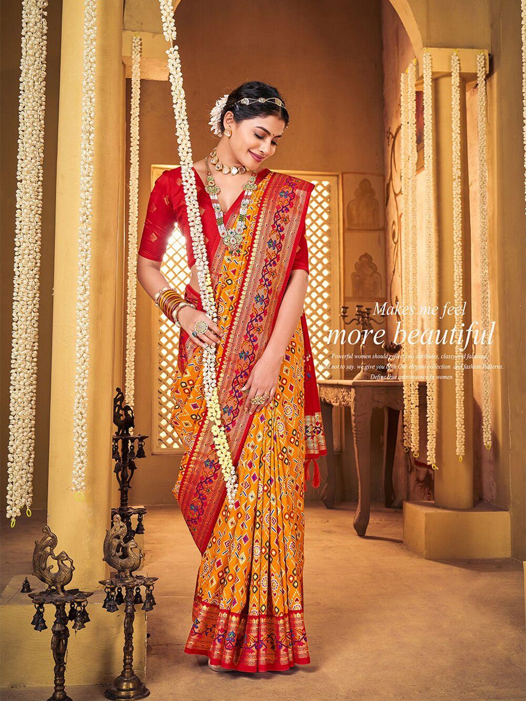 mitera yellow & red geometric printed zari silk cotton mysore silk saree