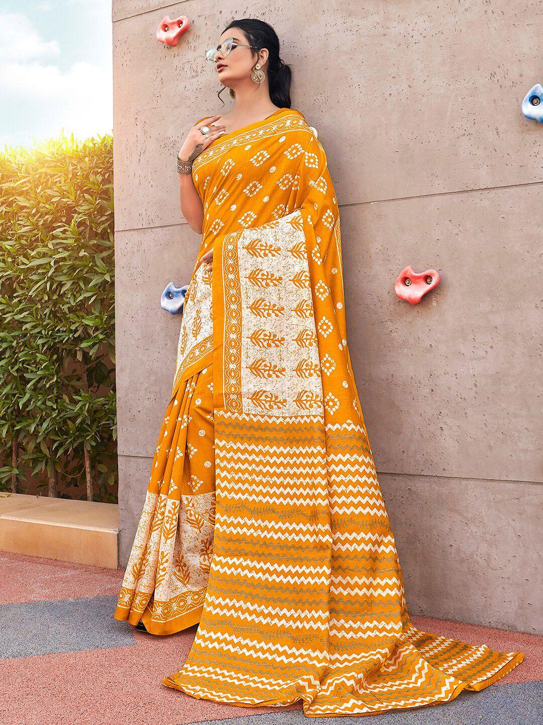 mitera yellow & white ethnic motifs art silk block print saree