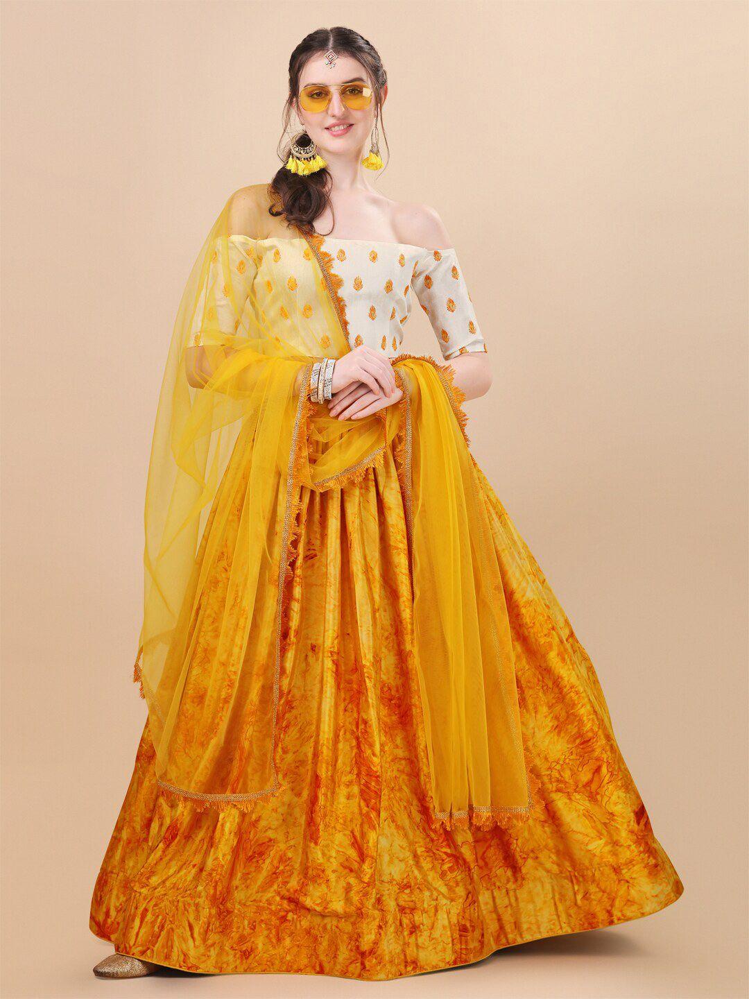 mitera yellow & white thread work semi-stitched lehenga & unstitched blouse with dupatta
