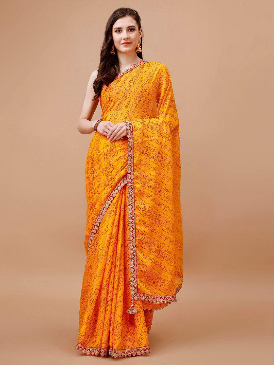 mitera yellow bandhani printed embroidered pure chiffon saree
