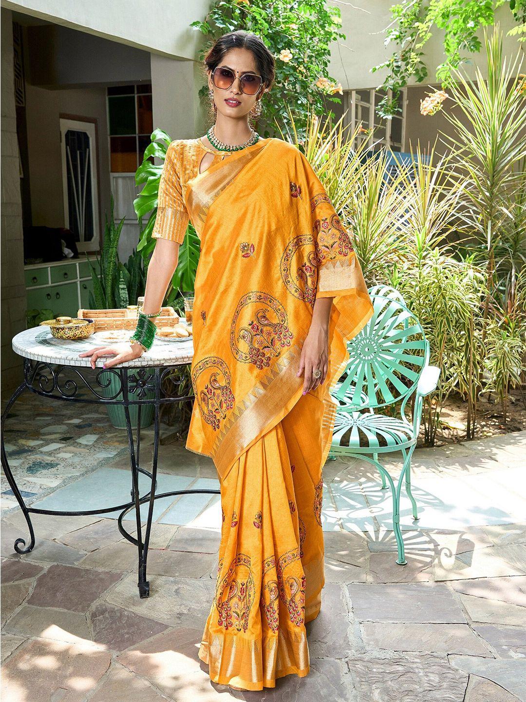 mitera yellow floral embroidered silk cotton designer banarasi saree