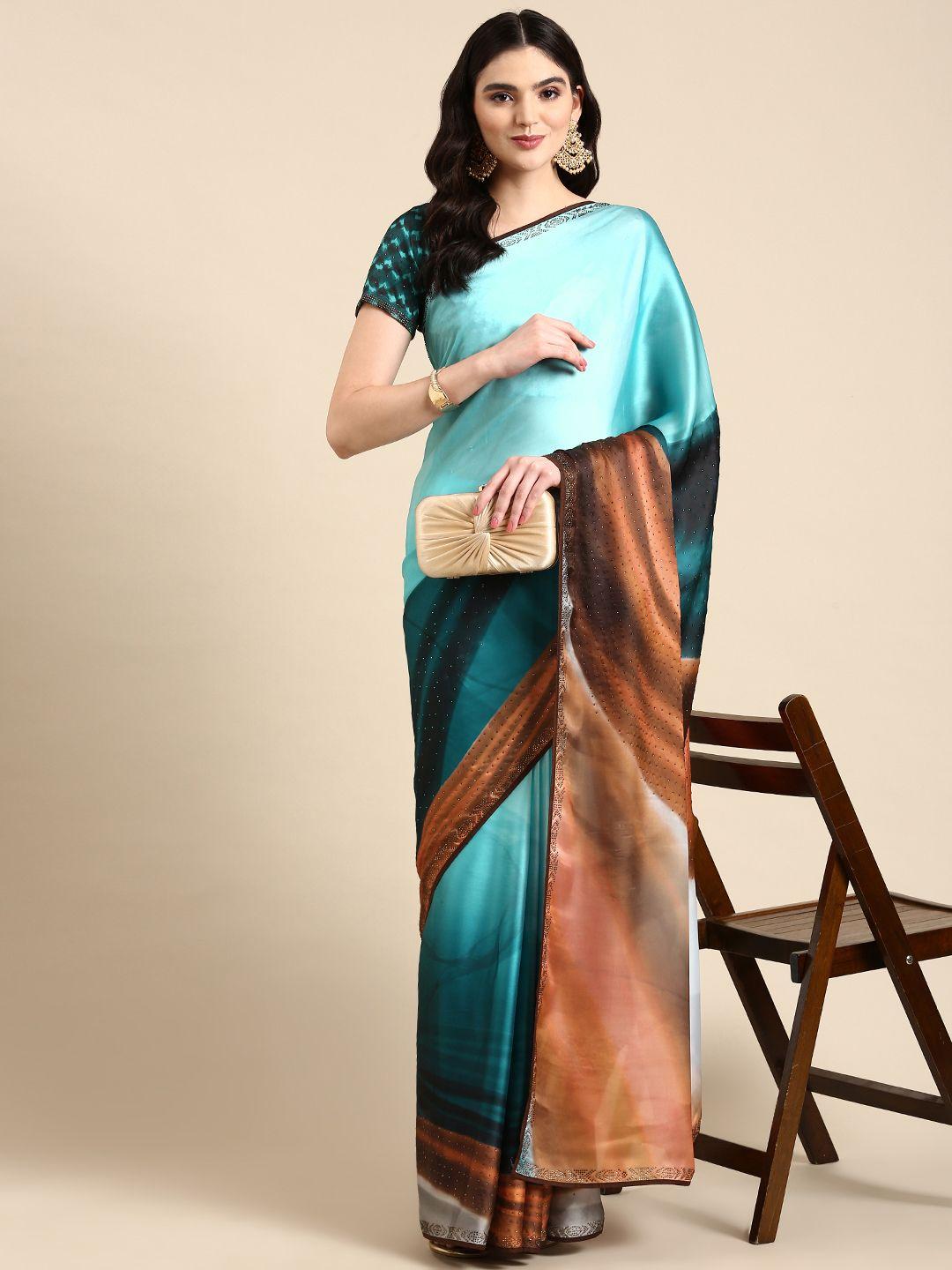 mitera abstract print beads & stones satin pure georgette saree