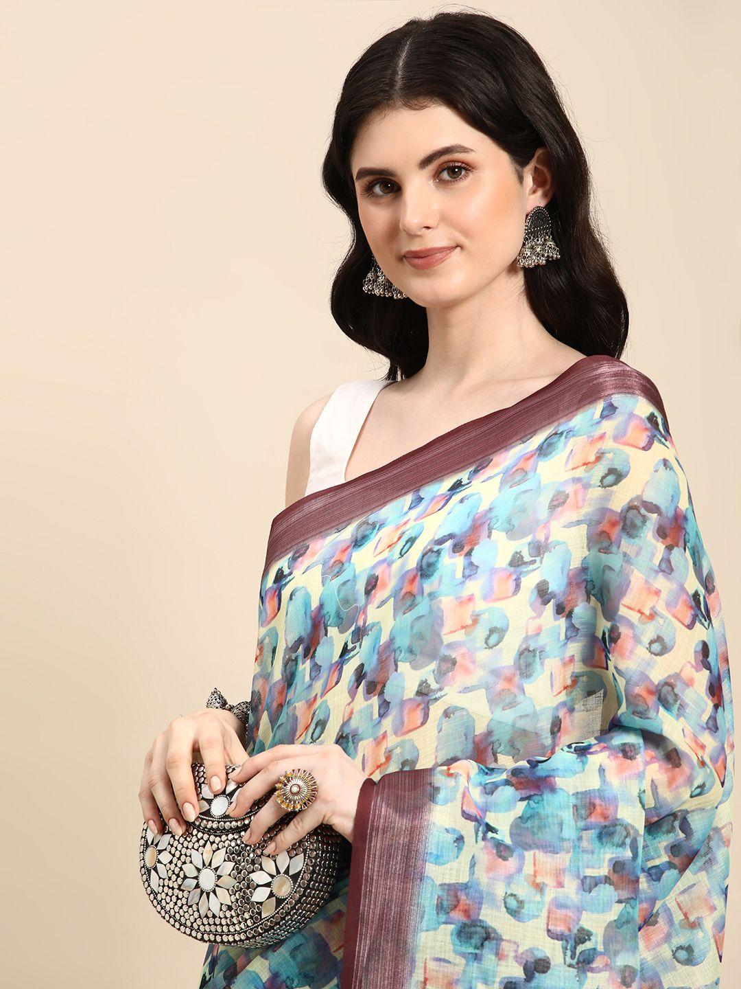 mitera abstract printed pure linen saree