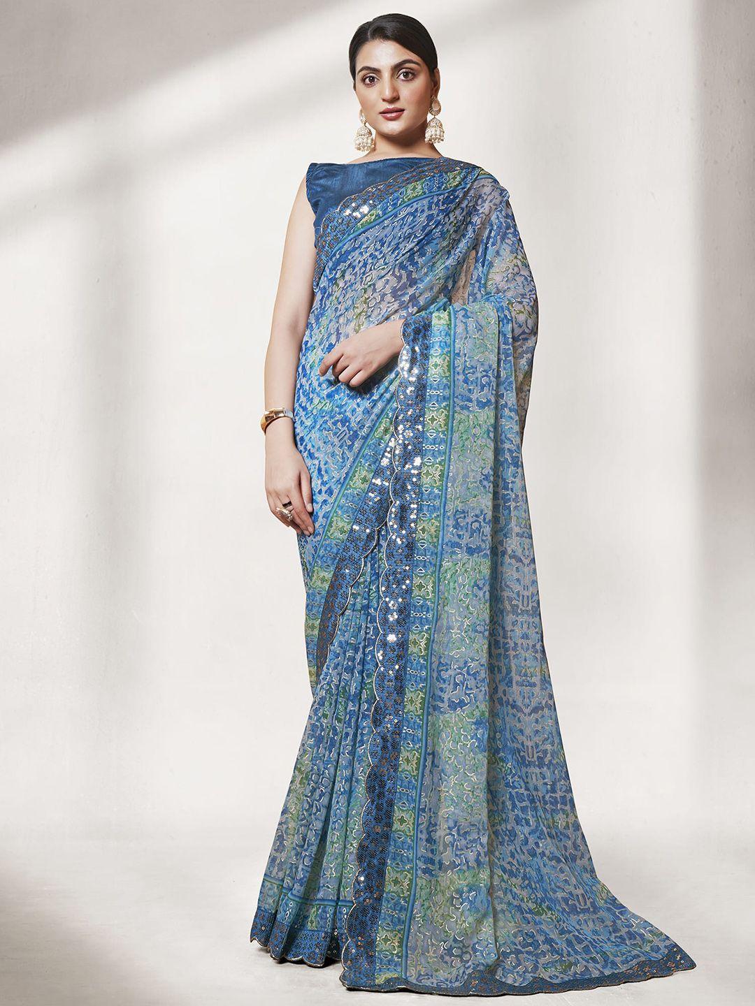 mitera abstract printed sequinned detailed pure georgette saree