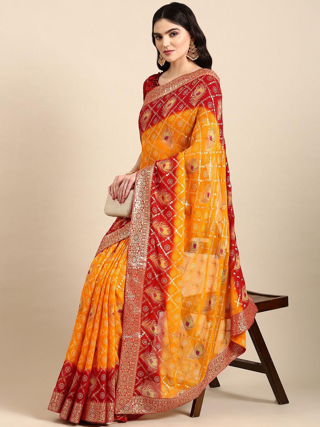 mitera bandhani foil print beads & stones satin pure georgette saree