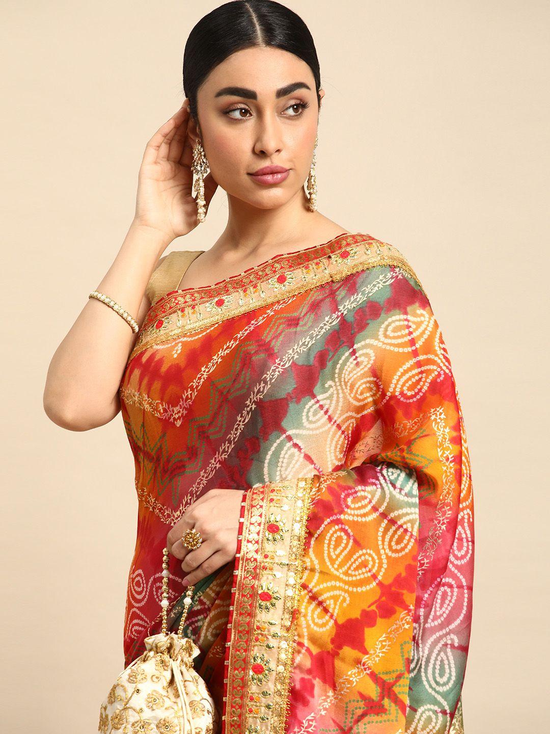 mitera bandhani gotta patti pure chiffon saree