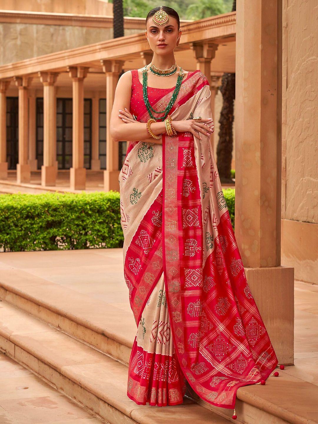 mitera bandhani printed beads and stones patola saree