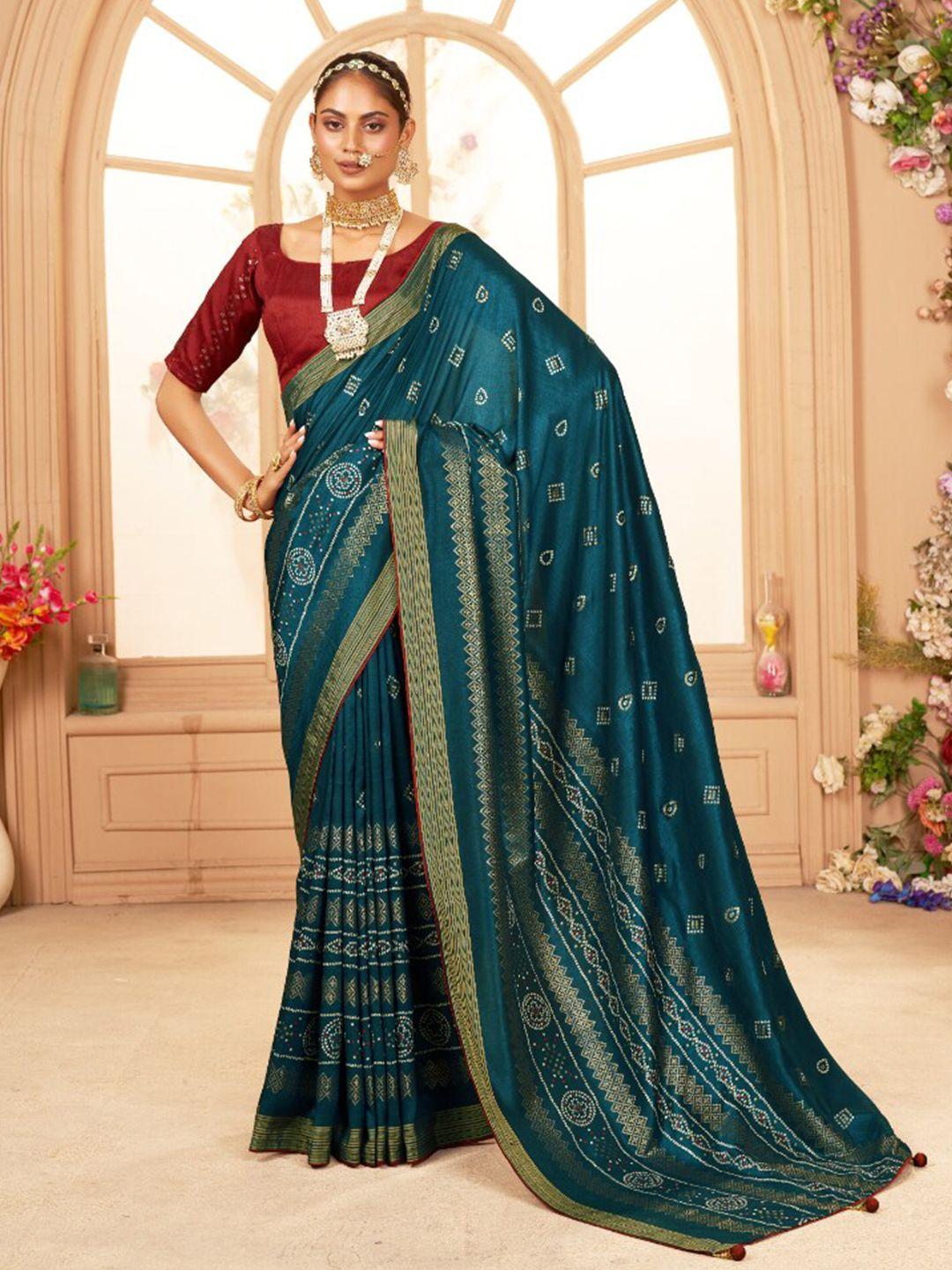 mitera bandhani printed zari silk cotton saree