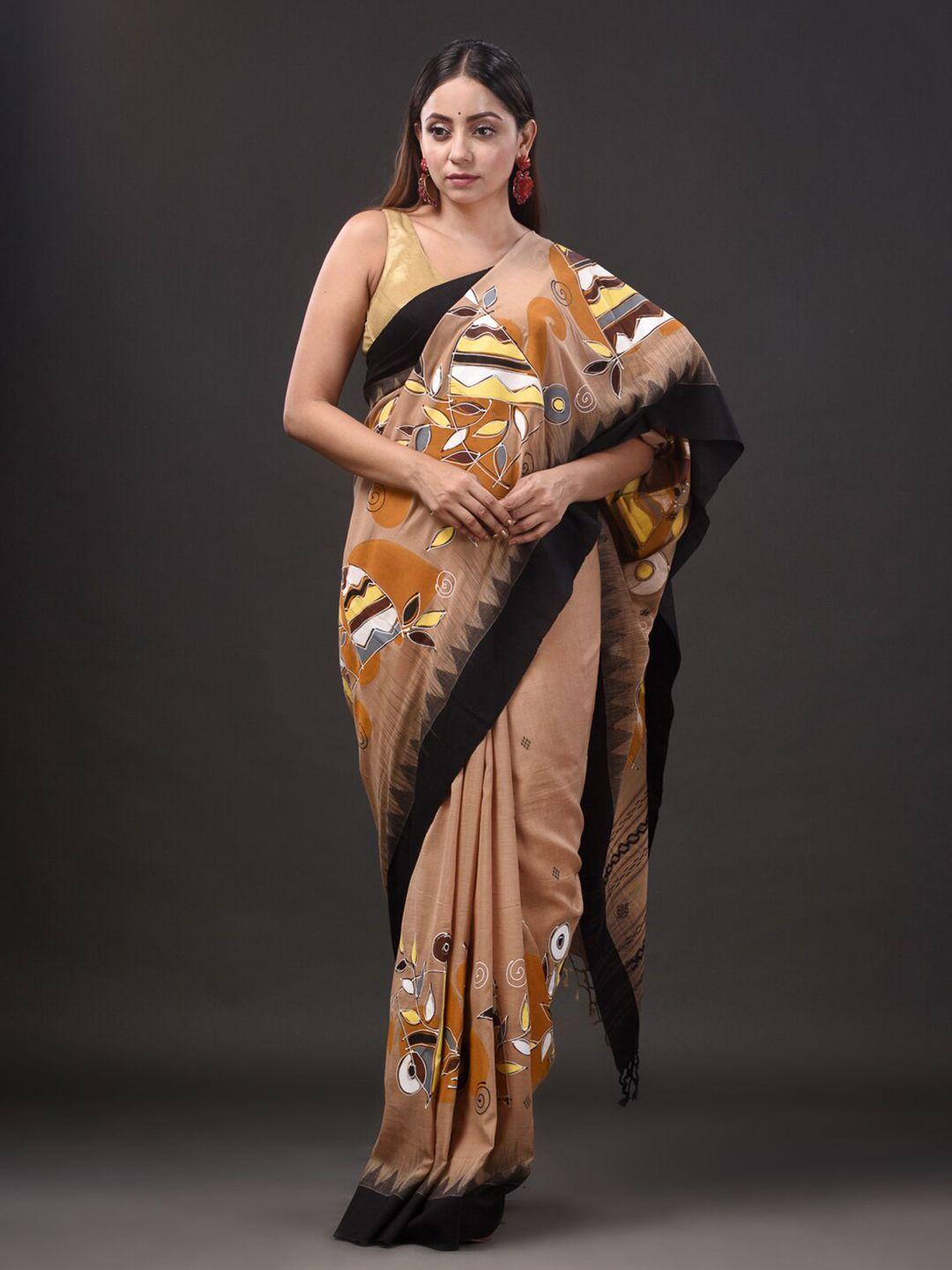 mitera beige & black ethnic motifs pure cotton saree