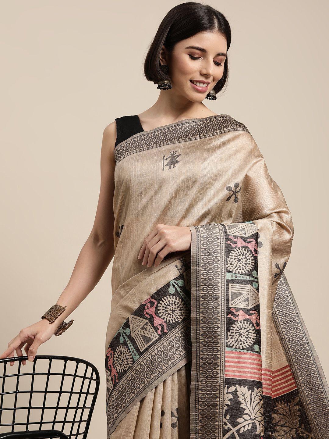 mitera beige & black warli silk blend saree