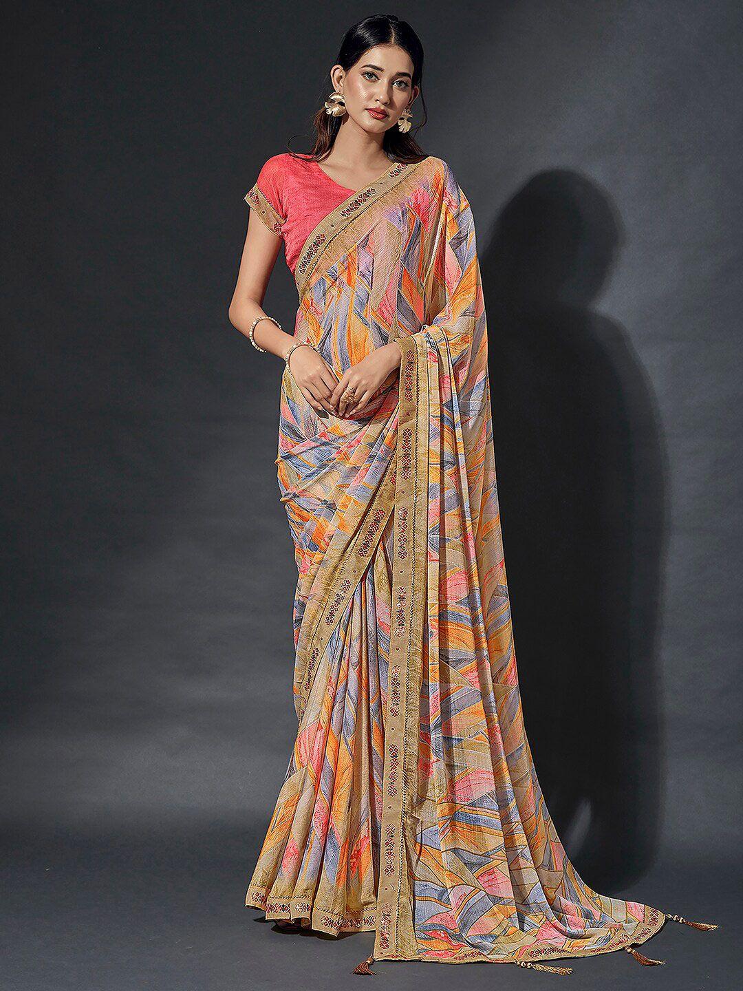 mitera beige & blue geometric printed gotta patti saree