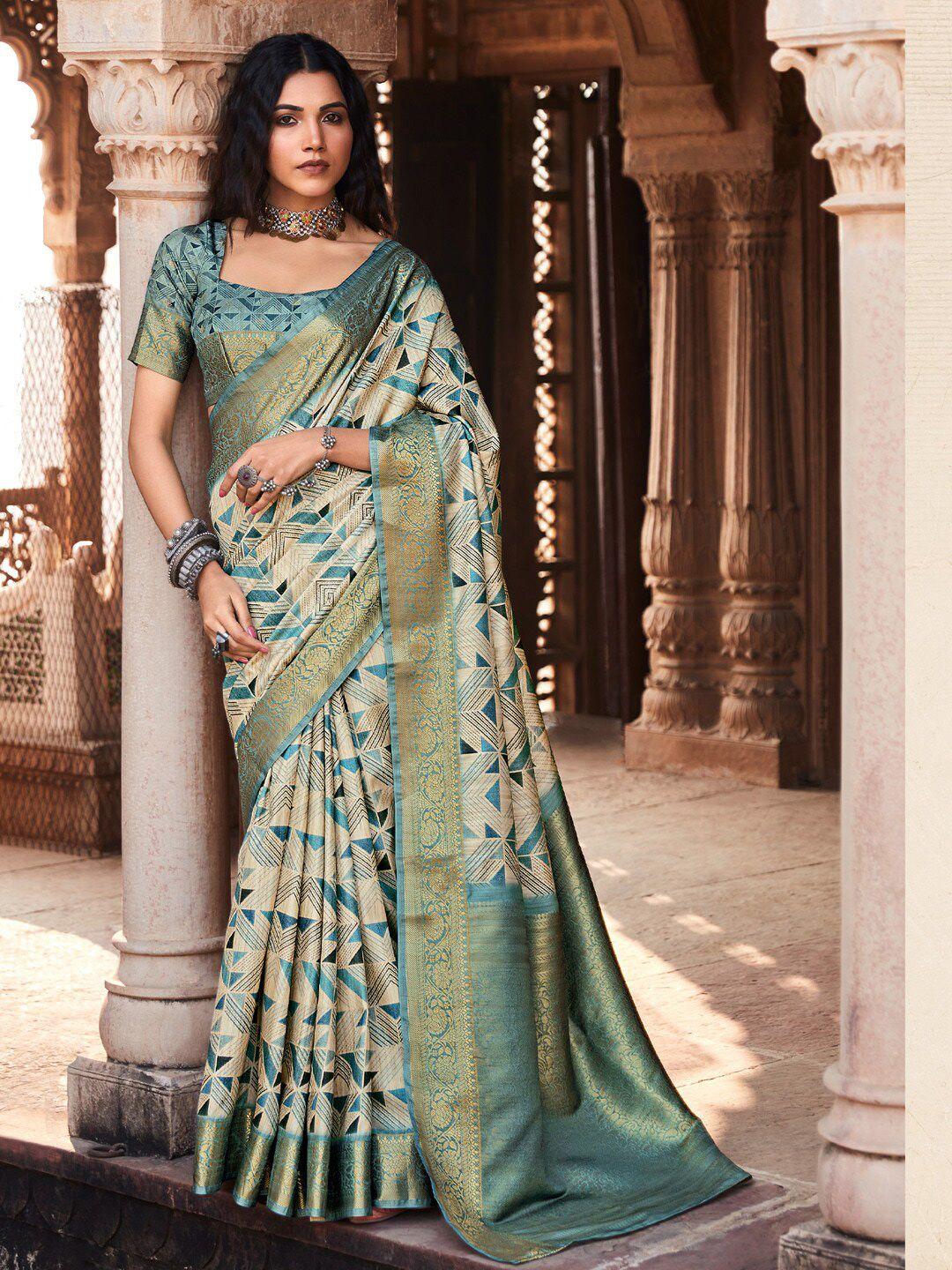 mitera beige & blue silk blend designer banarasi saree