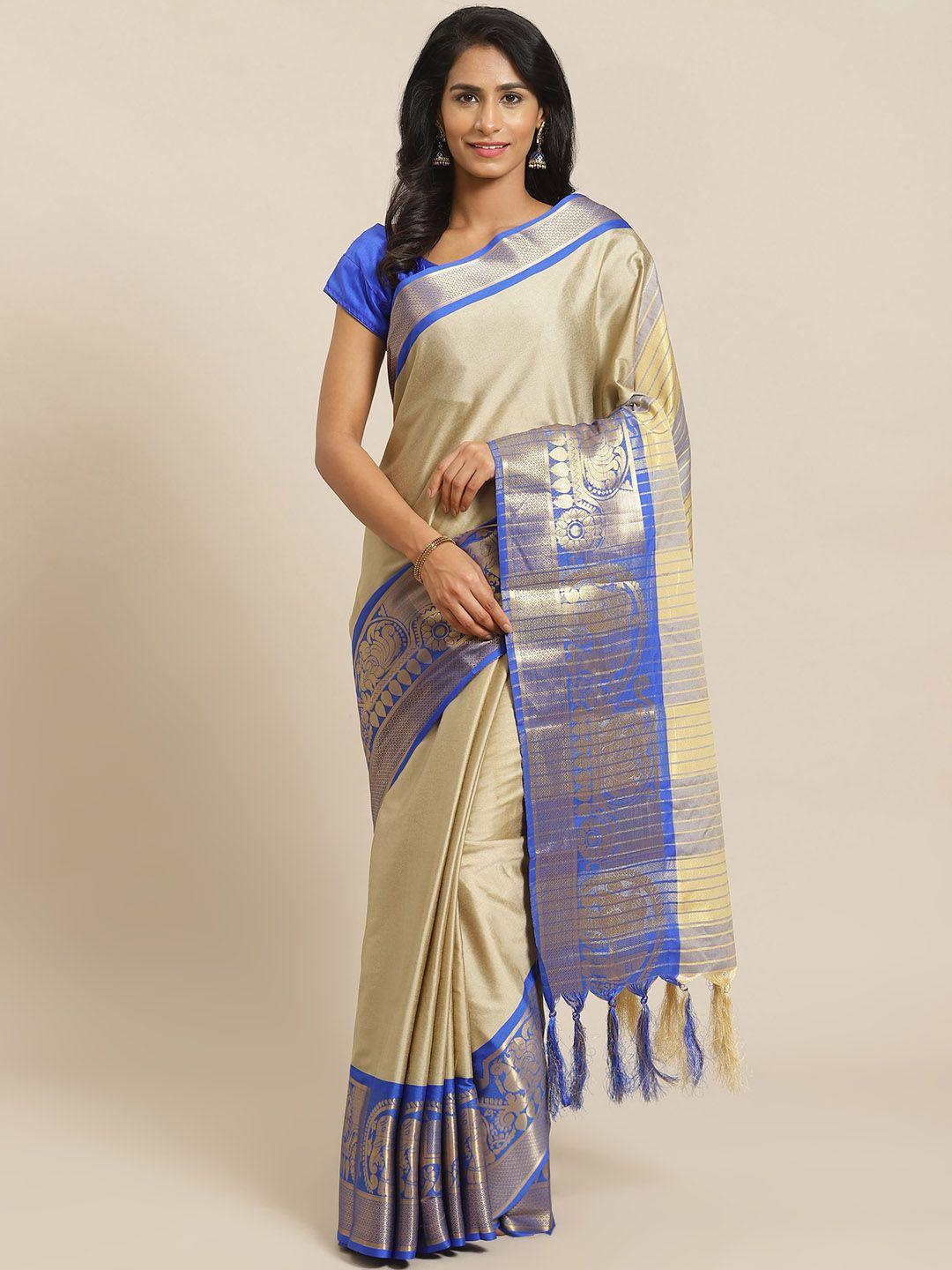 mitera beige & blue solid banarasi saree