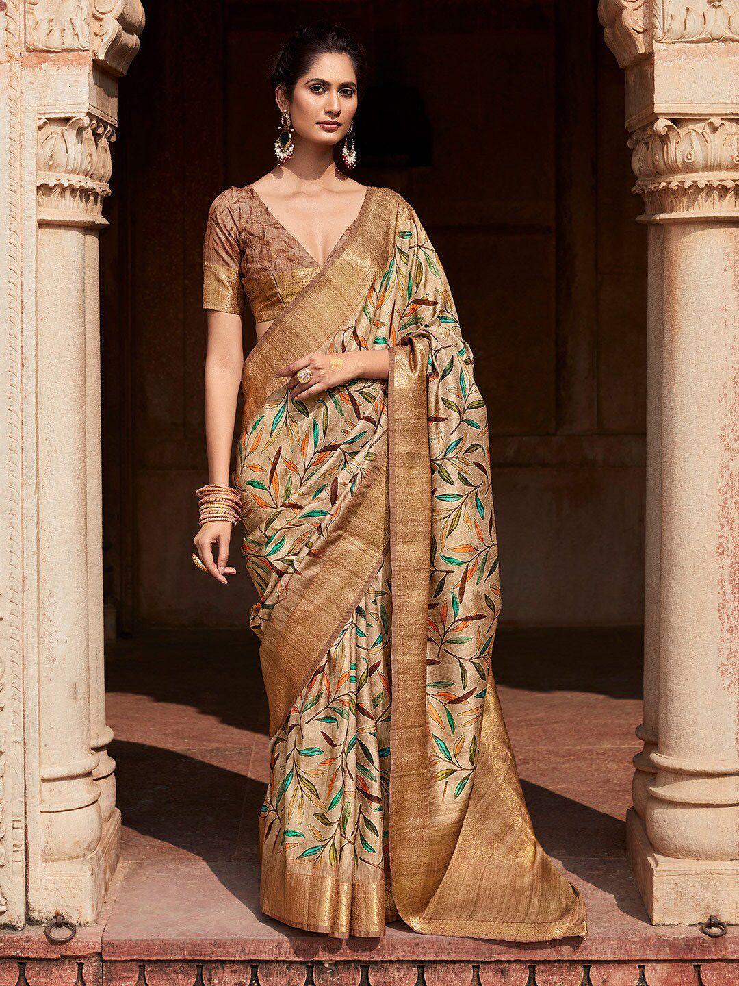 mitera beige & brown floral zari silk blend designer banarasi saree