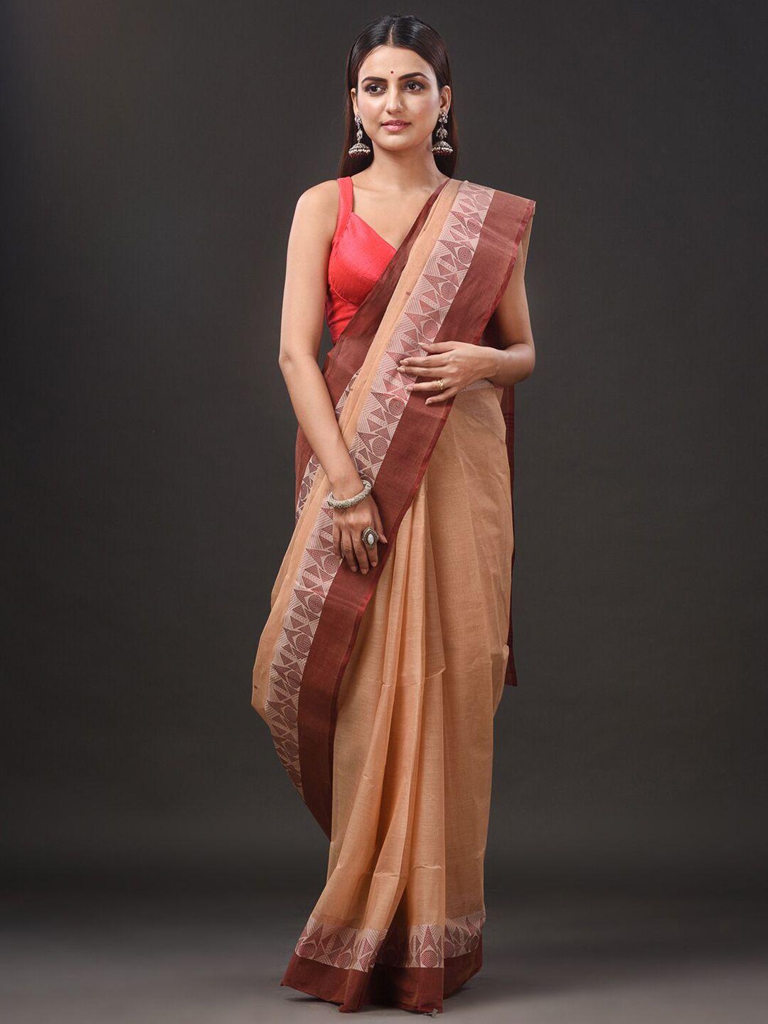 mitera beige & brown pure cotton taant saree