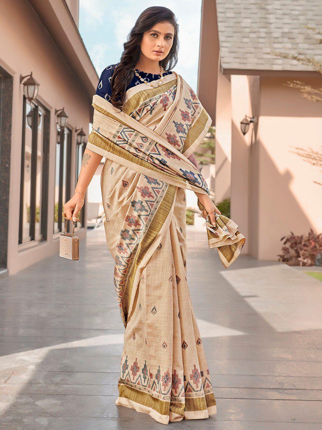 mitera beige & brown zari art silk ikat saree