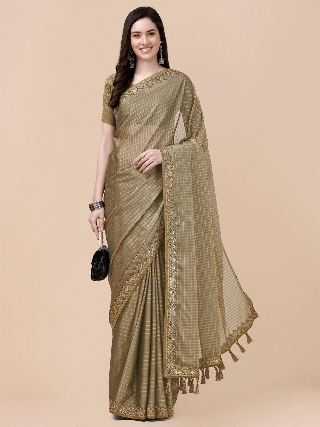 mitera beige & gold-toned checked sequinned pure chiffon saree