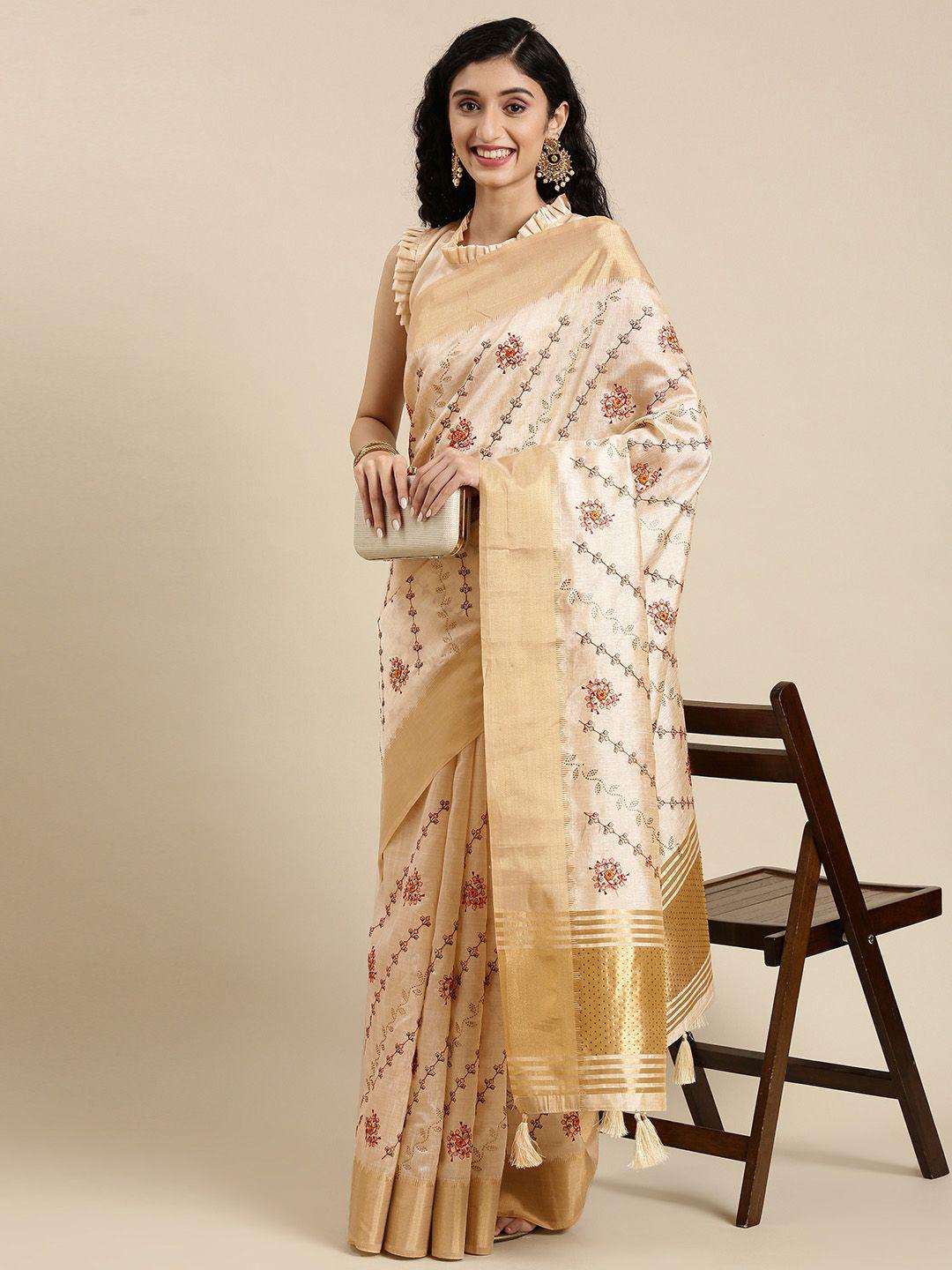 mitera beige & gold-toned ethnic motifs saree