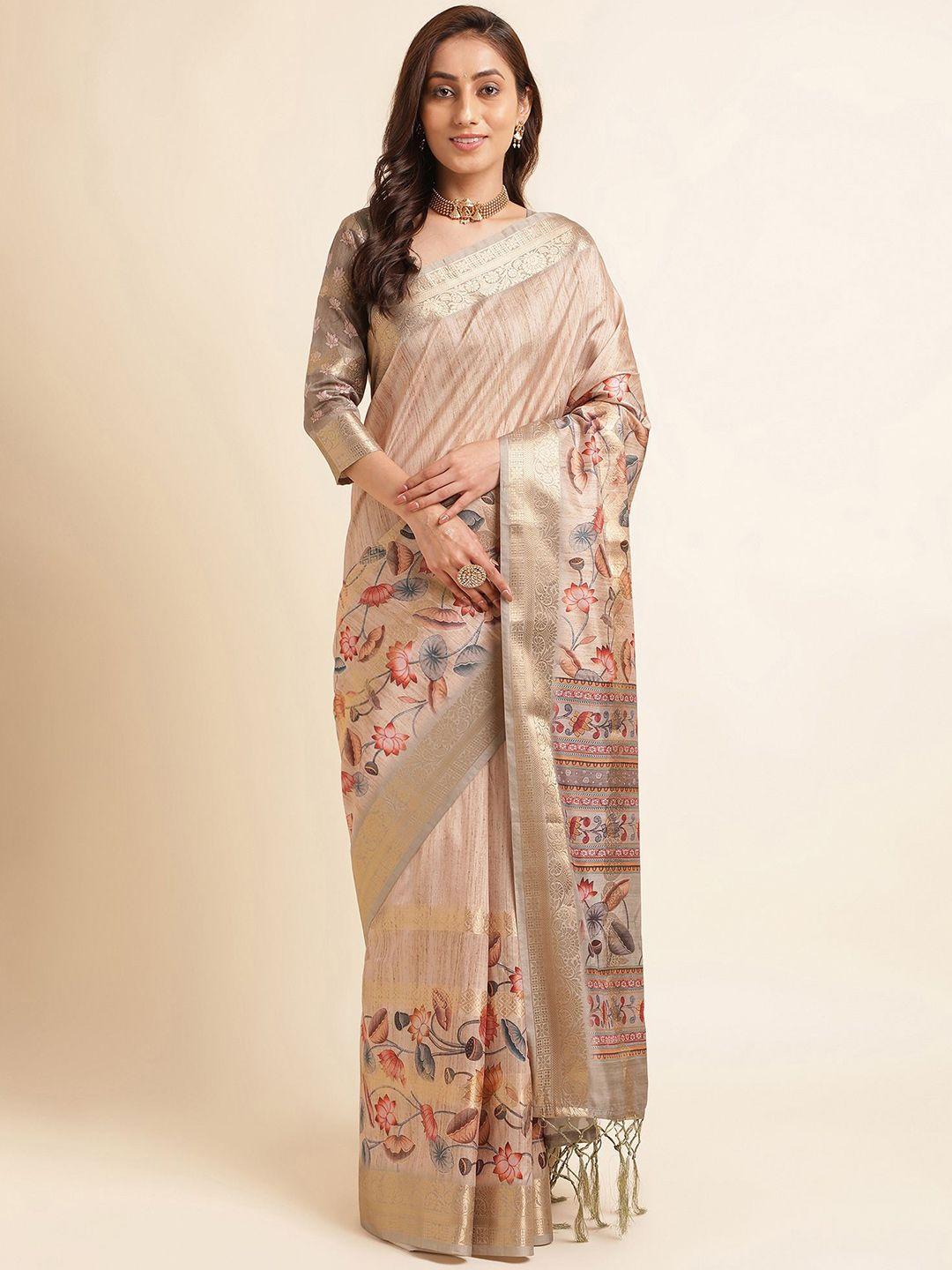 mitera beige & gold toned floral printed zari pure silk saree