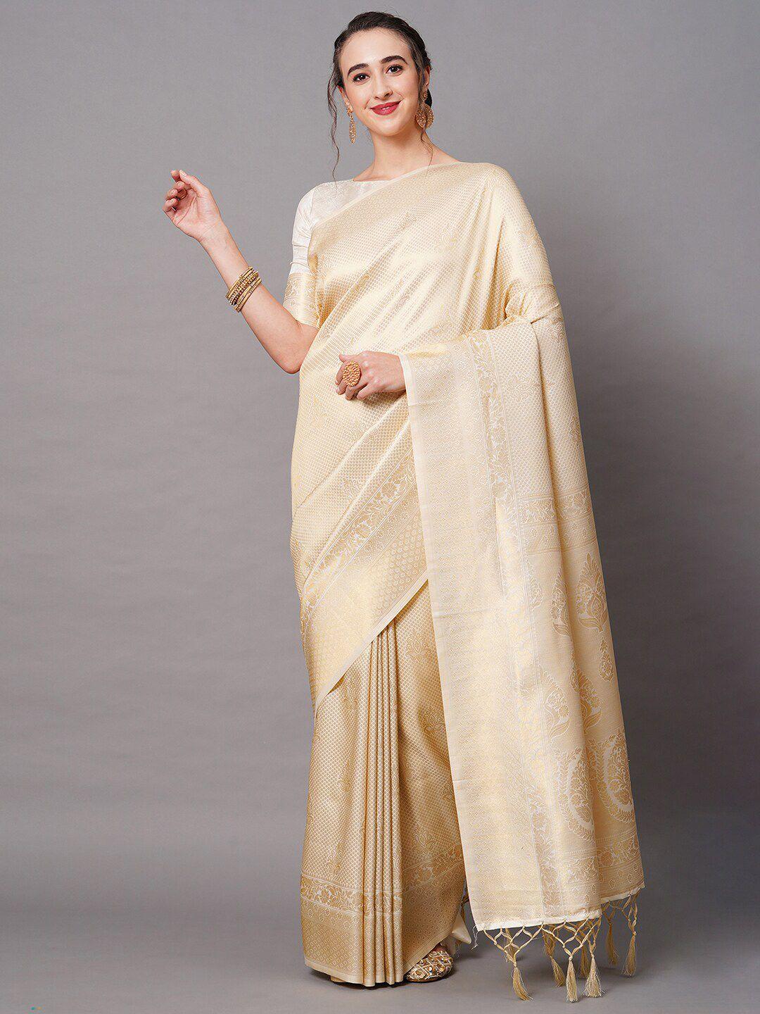 mitera beige & gold-toned woven design zari silk blend banarasi saree