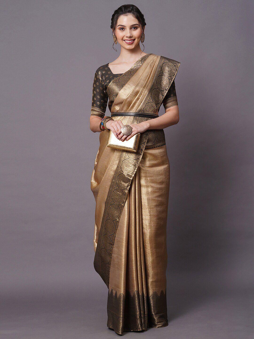 mitera beige & gold-toned woven design zari silk blend banarasi saree