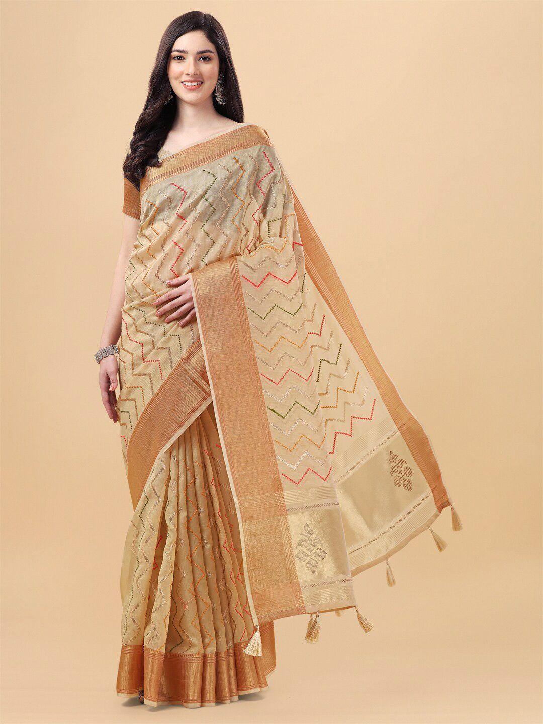 mitera beige & gold zari silk cotton saree