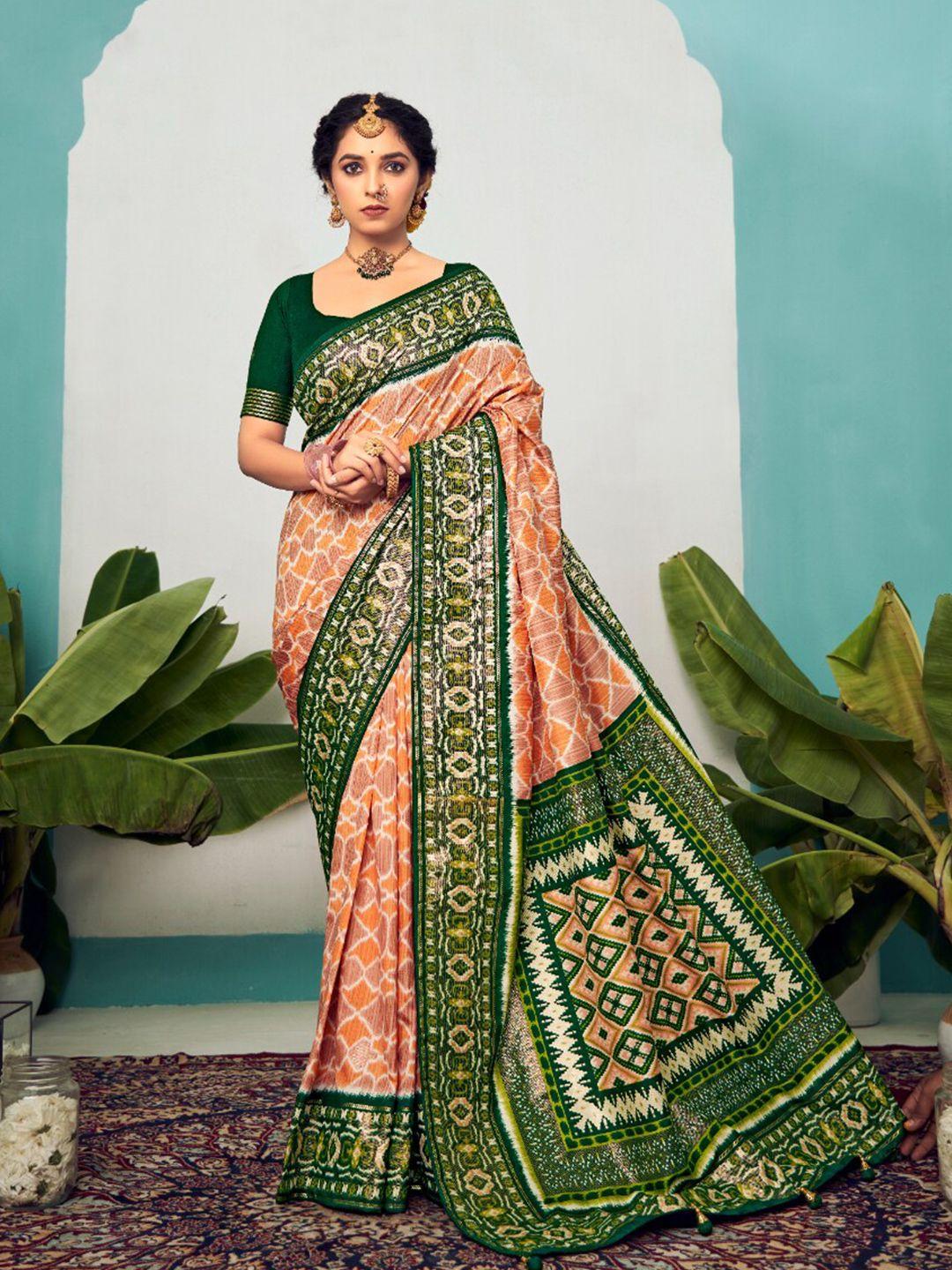 mitera beige & green abstract printed zari silk cotton saree