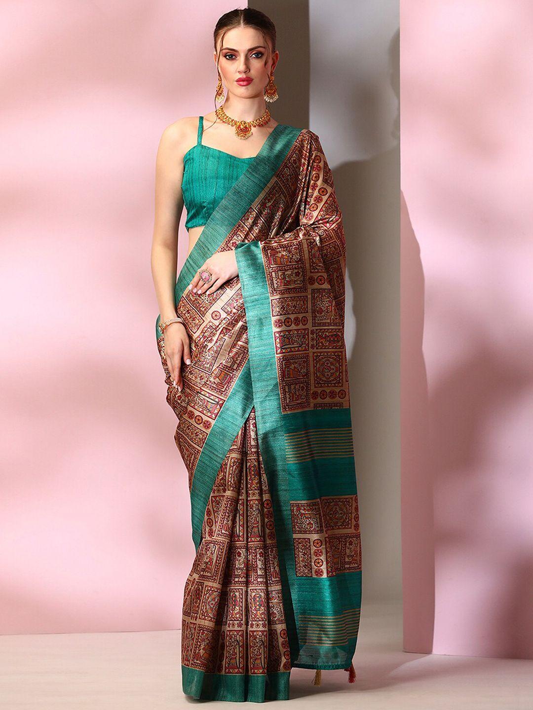 mitera beige & green ethnic motifs printed saree