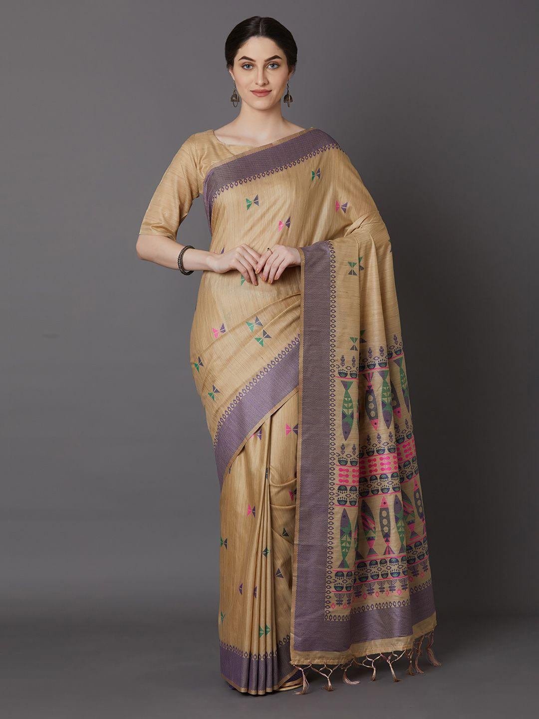 mitera beige & green silk blend printed saree