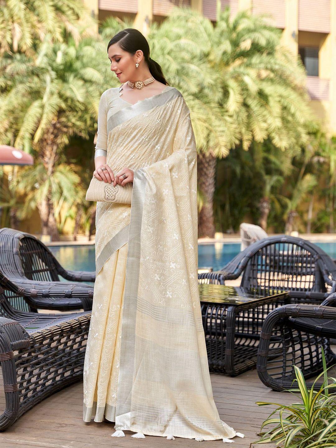 mitera beige & grey floral embroidered zari pure linen banarasi saree