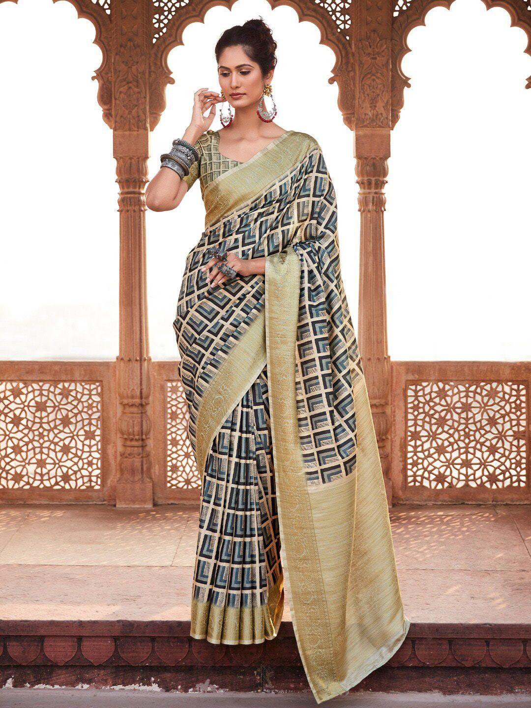 mitera beige & grey silk blend designer banarasi saree