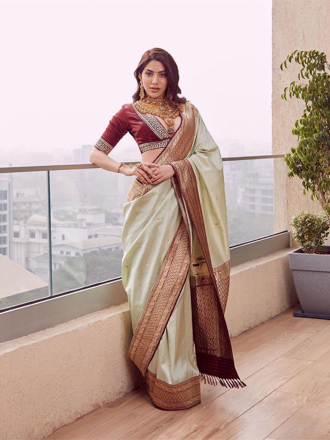 mitera beige & maroon ethnic motif woven design zari saree