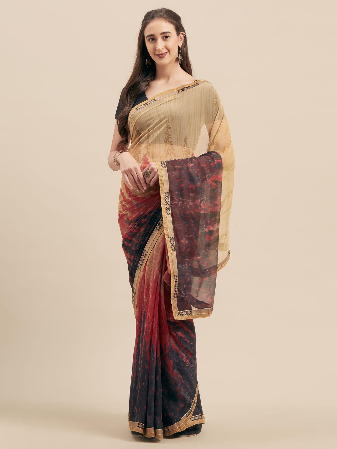 mitera beige & maroon poly georgette printed saree