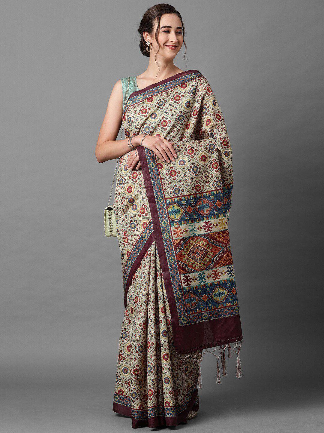 mitera beige & maroon silk blend saree