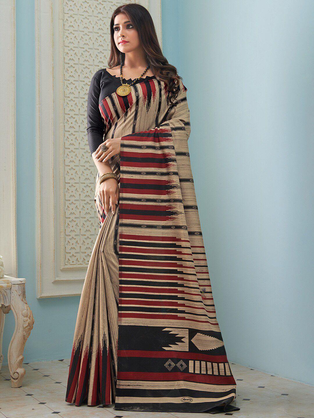 mitera beige & maroon striped art silk bhagalpuri saree with unstitched blouse piece