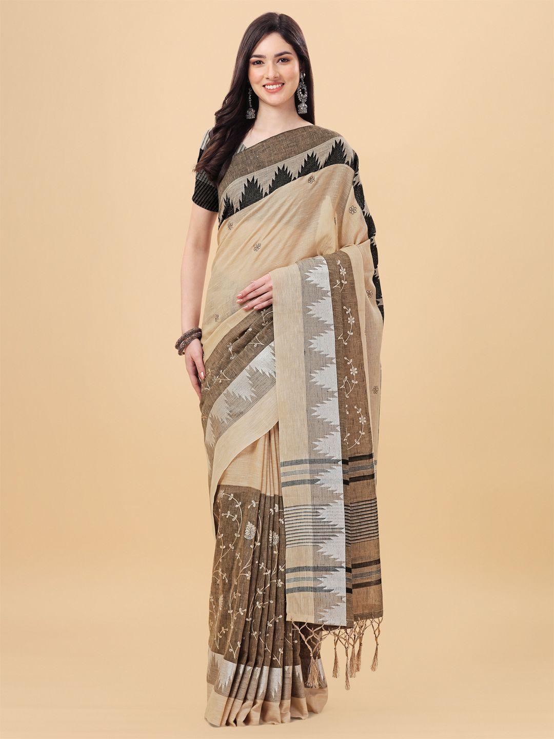 mitera beige & off white floral embroidered pure linen banarasi saree